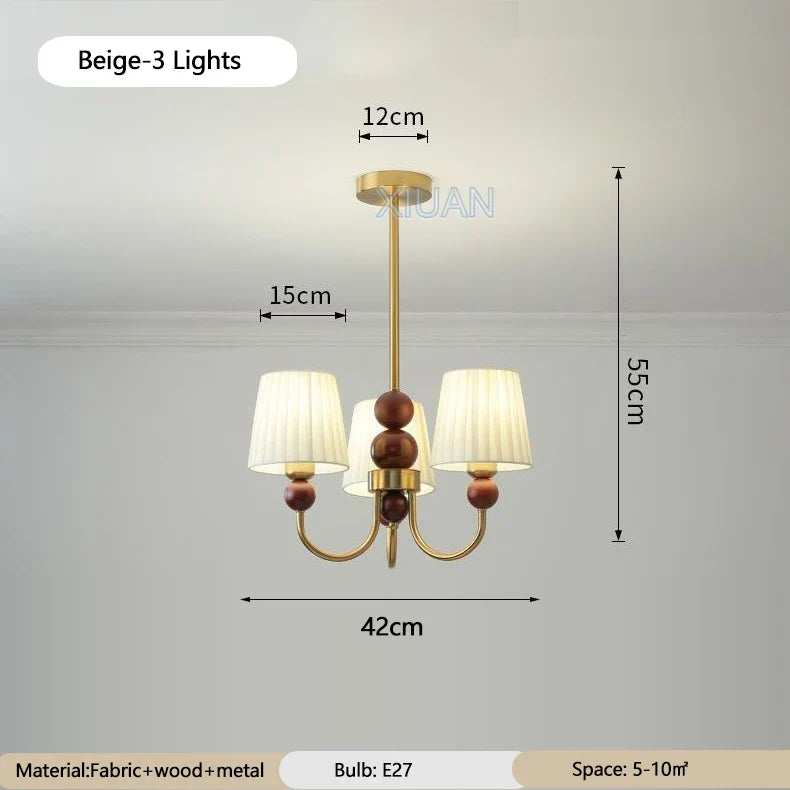 lustre led vintage américain en tissu plissé et bois wabi-sabi