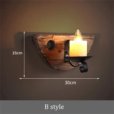 applique murale industrielle vintage en bois avec abat-jour en métal et verre