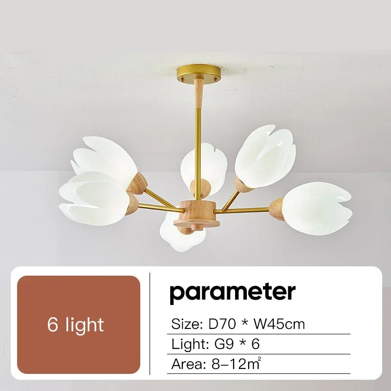 lustre nordique en bois avec lumière en forme de fleur