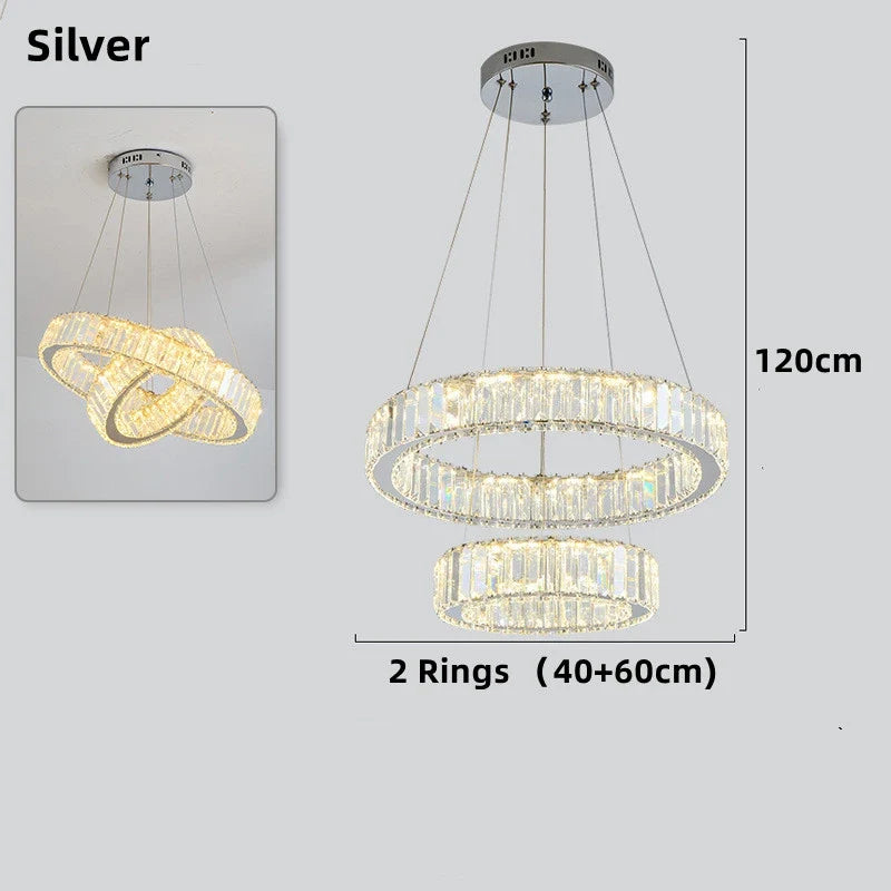 lustre moderne en cristal avec anneaux réglables pour décoration intérieure