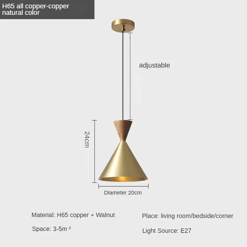 Modern and Minimalist Master Bedroom Bedside Pendant Light, Personalized and Luxurious All Copper Walnut Bar Hanging Line Light