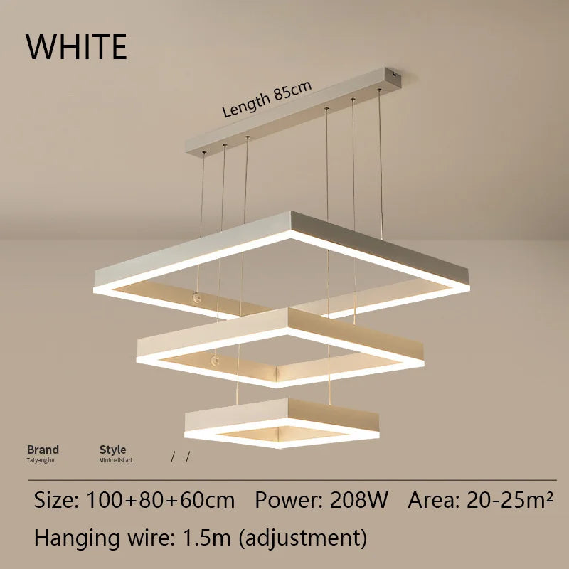Modern Square LED Chandelier, White Living Restaurant, Kitchen, Bedroom, Rectangular Chandelier, Chandelier