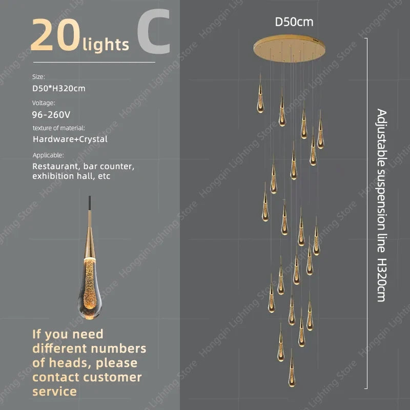lustre moderne haut en cristal pour éclairage raffiné