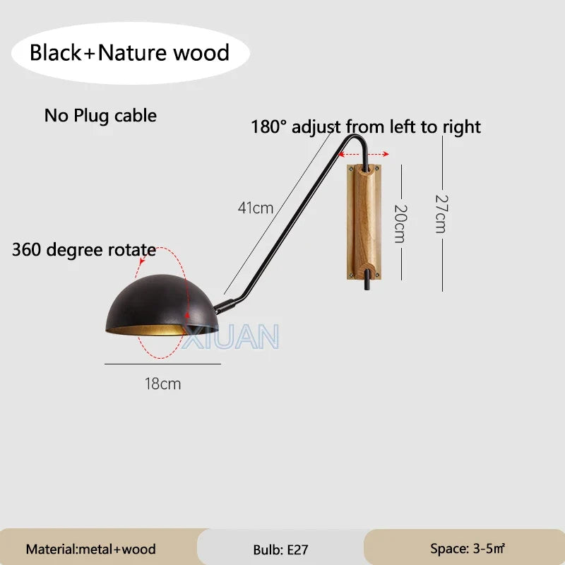 Nordic Bedroom Bedside Wall Lamps Plug In Wall Sconce Black White Iron Lampshade Swing Long Arms Wall Mounted Light E27