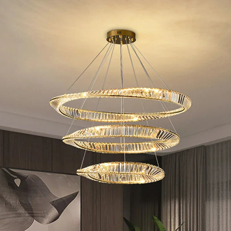 lustre moderne en cristal led avec anneau en acier décoratif
