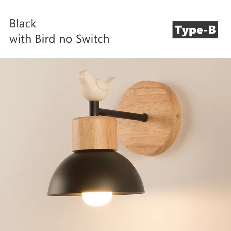 applique murale nordique en bois avec interrupteur décoratif oiseau