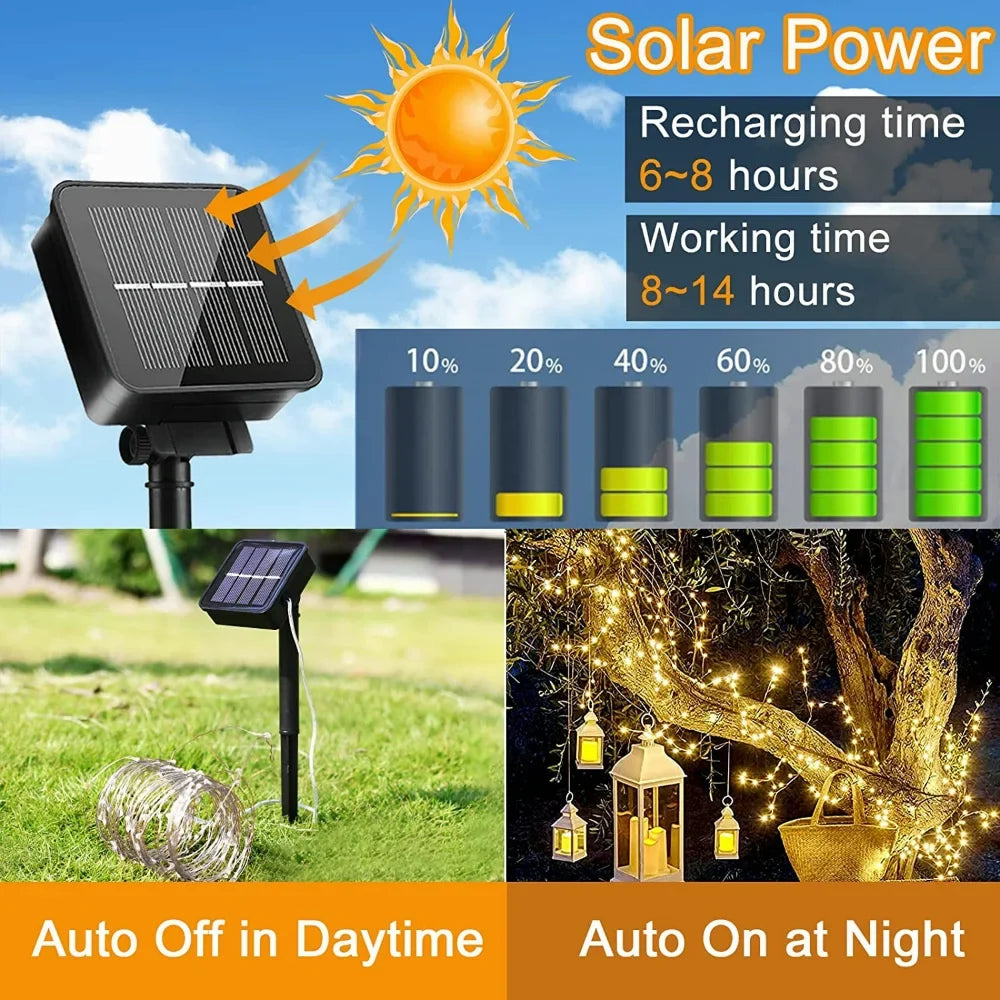 guirlandes lumineuses solaires étanches 300 led 8 modes fil cuivre