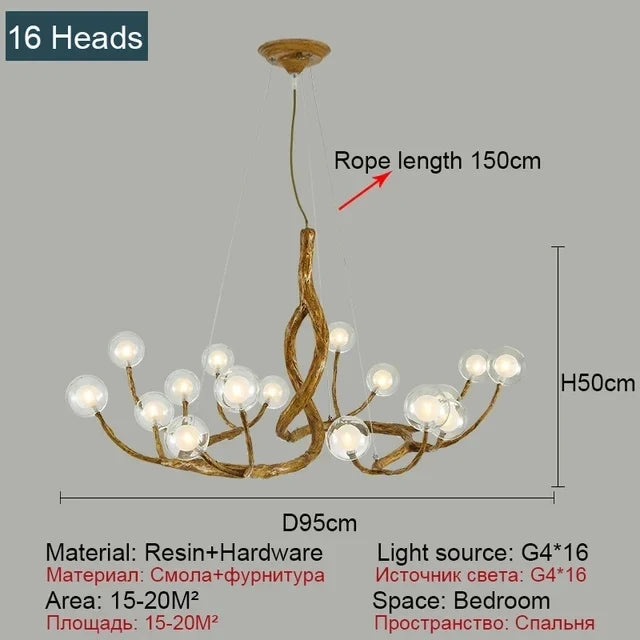 lustre nordique en résine imitation branche avec boule de verre