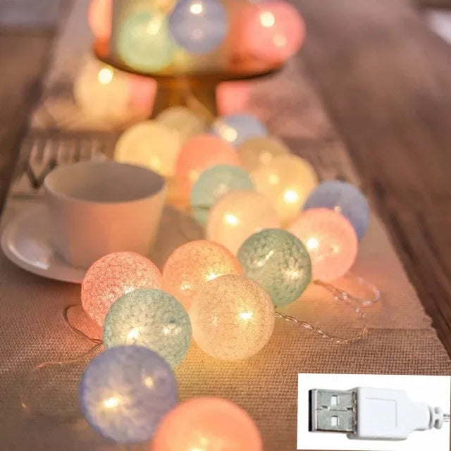 Cotton Ball Garland Lights String, Fairy Lights, Christmas, XmasHoliday Wedding Party, Baby Bed, Outdoor Decorations, 6m, 40 LED
