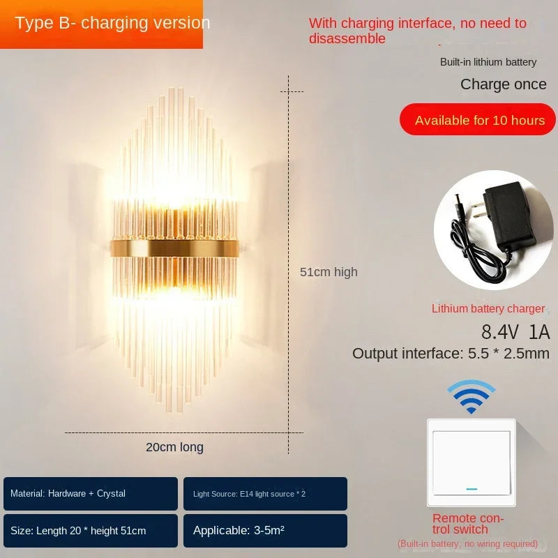 applique murale moderne en cristal rechargeable de luxe