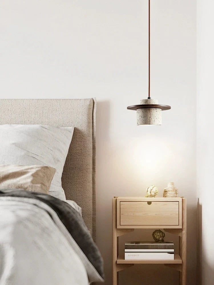 Suspension style japonais led vintage en pierre et bois