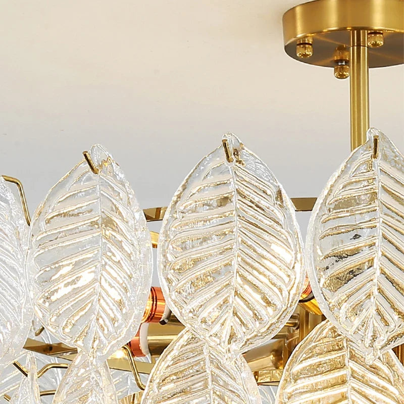 lustre moderne en verre suspendu avec décoration de feuilles