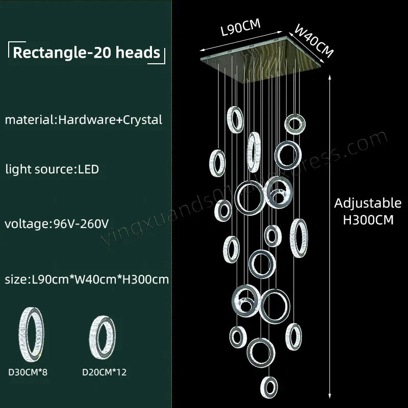 Modern LED Crystal Chandelier Nordic Ring Hanging Lights for Living Room, Hanging Lamps Fixtures Staircase Lighting Pendant Lamp