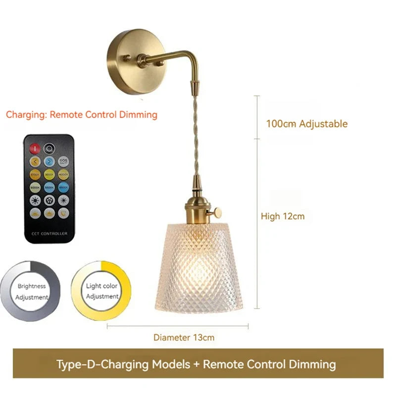 applique murale led scandinave en verre et laiton avec interrupteur à batterie