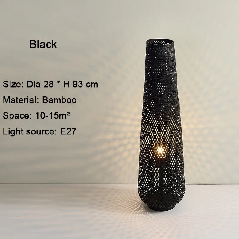 lampadaire cylindrique en bois et osier rétro tissé en bambou