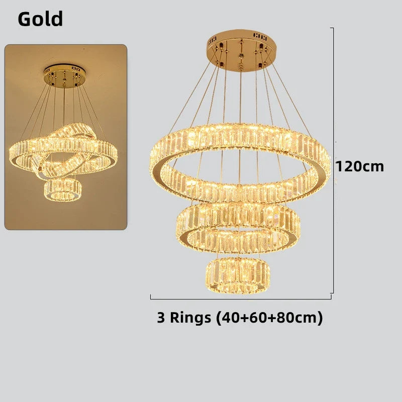 lustre moderne en cristal avec anneaux réglables pour décoration intérieure
