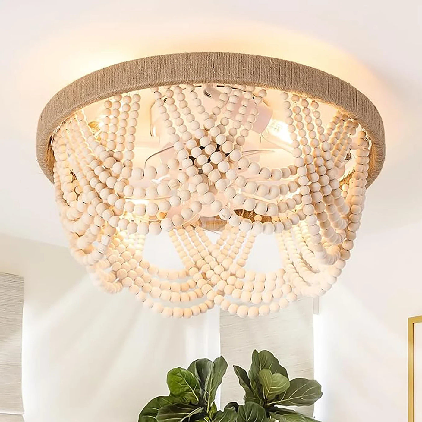 plafonnier led bohémien en perles de bois avec télécommande style nordique vintage
