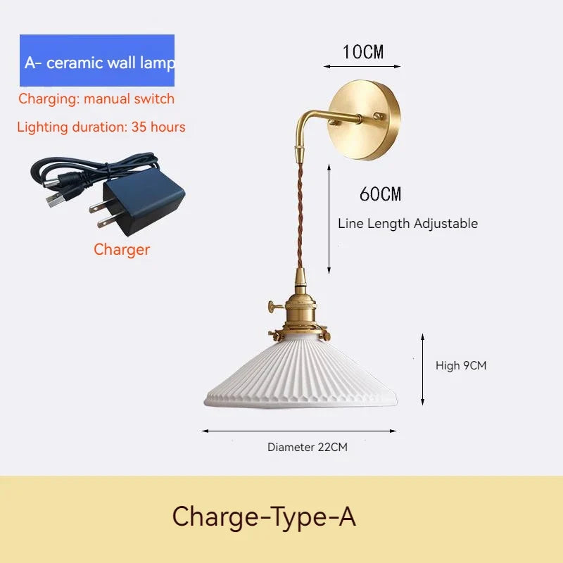 applique murale rechargeable en céramique avec interrupteur rotatif style vintage