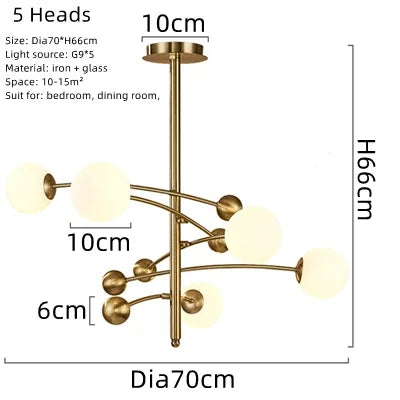 Nordic 5 Heads Copper Chandelier For Living Room Bedroom Hotel Rotatable Arms Milky White Lampshade G9 LED Lighting Fixtures