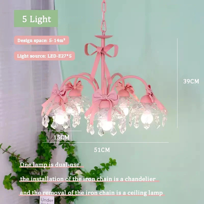 lustre mignon pour chambre de petite fille avec nœud rose en cristal