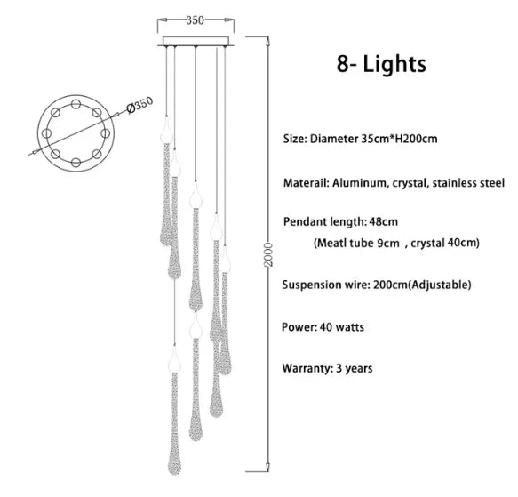 lustre led moderne en cristal pour grand escalier
