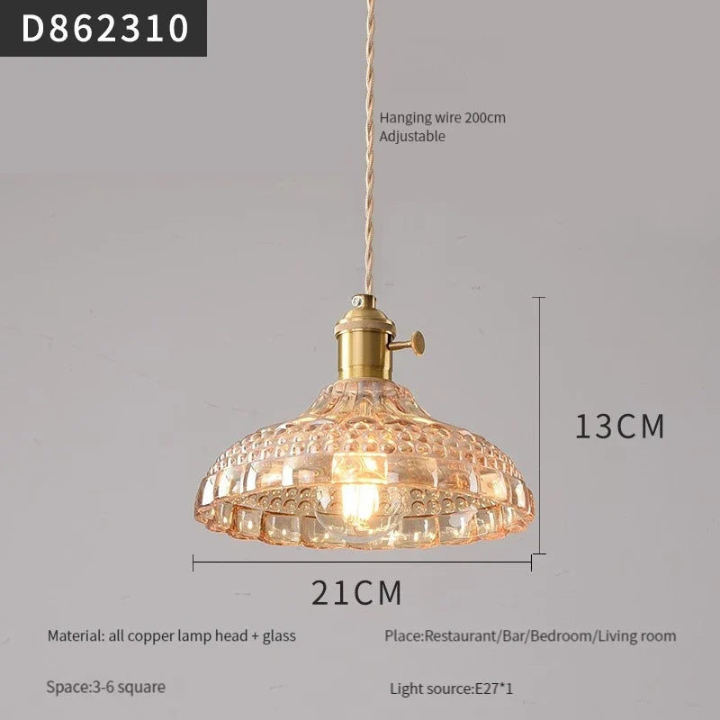 suspension moderne en laiton avec abat-jour rustique en verre de noyer