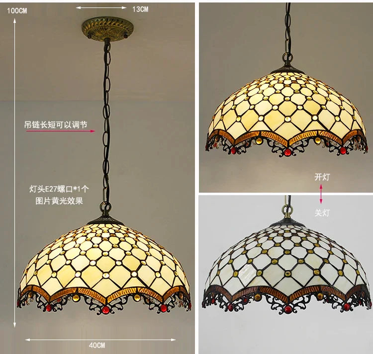 Rétro Tiffany Suspension Lumières suspension lustre salon baroque perle design Vitrail luxe 16 "mer bleu marron L