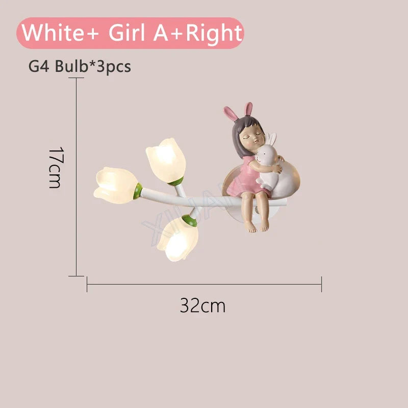 applique murale fille lapin g4 led fleur