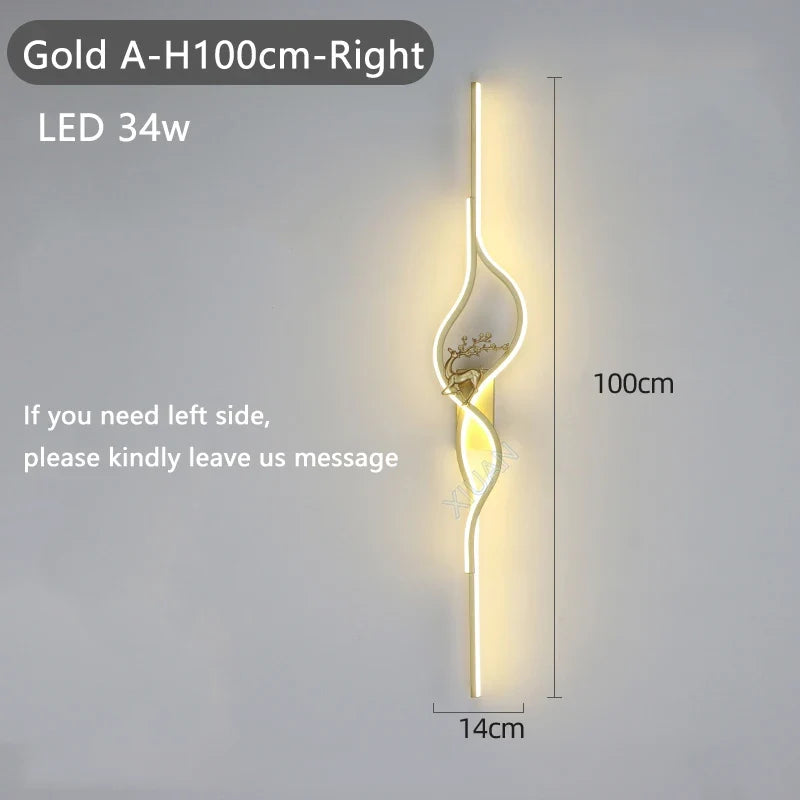 Modern Living Room Long Wall Lights with Anlter Design Gold Black TV Background Decorative Wall Lamp for Bedroom Remote Control