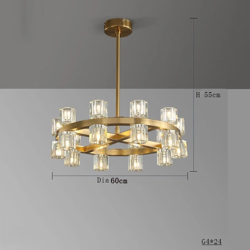 lustre moderne en cuivre led avec cristaux pour hôtel et foyer