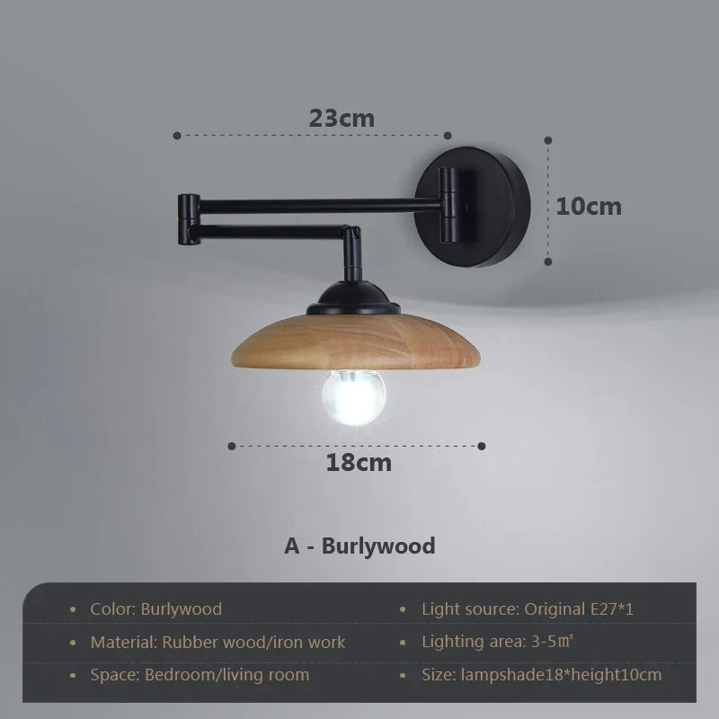 applique murale rotative en bois avec bras pivotant réglable