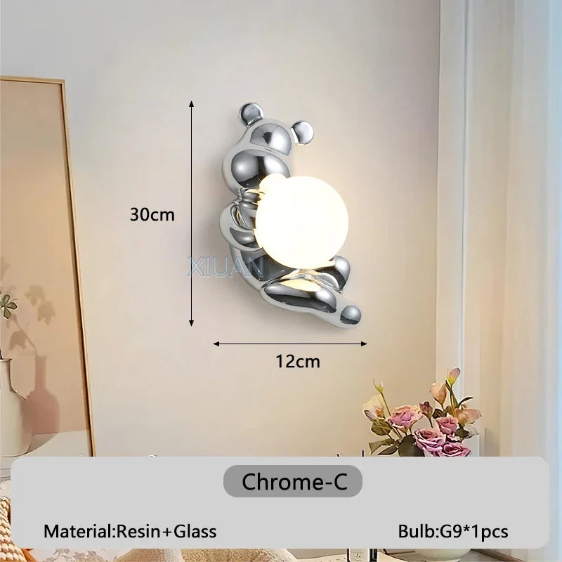Chrome White Pink Bear Lights Art Design Bedroom Bedside Wall Lamps Resin Animal Glass Sconces Living Room Decorative Wall Light