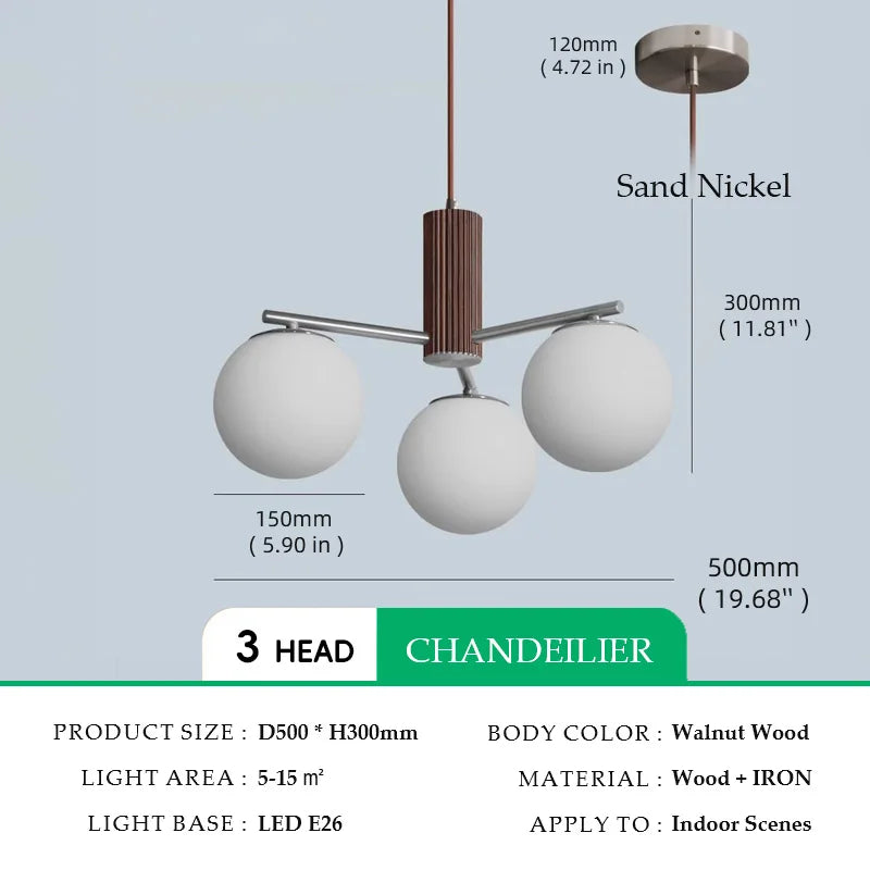Walnut Wood Brass Round Glass, Wabi-sabi Modern Simple style, Chandelier light for Living room, Bedroom, Dining room, Study