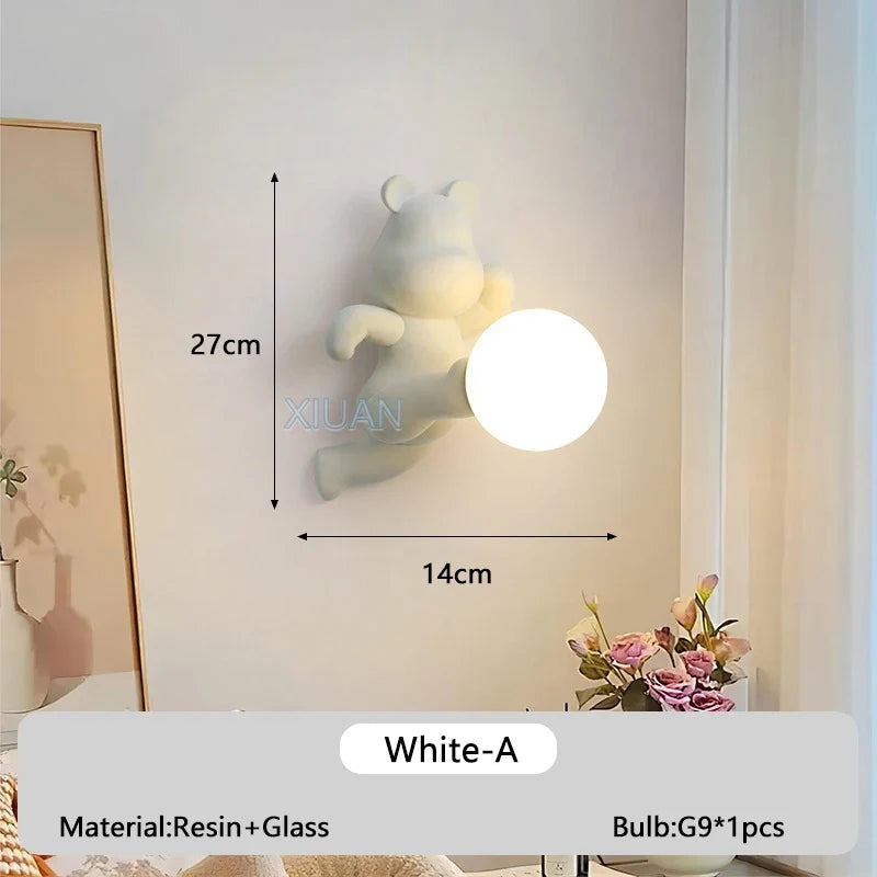 Chrome White Pink Bear Lights Art Design Bedroom Bedside Wall Lamps Resin Animal Glass Sconces Living Room Decorative Wall Light