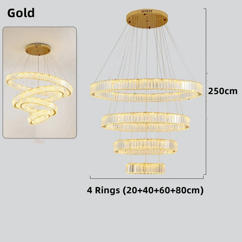 lustre moderne en cristal avec anneaux réglables pour décoration intérieure