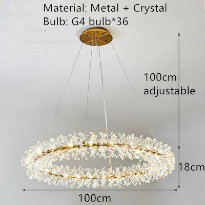 lustre led cristal clair rond avec fil métallique doré réglable