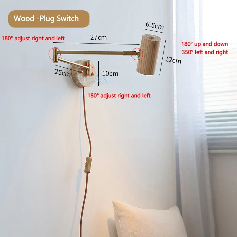 applique murale wabi-sabi à bras long pivotant avec interrupteur