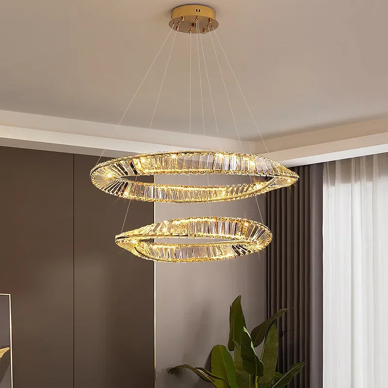 lustre moderne en cristal led avec anneau en acier décoratif