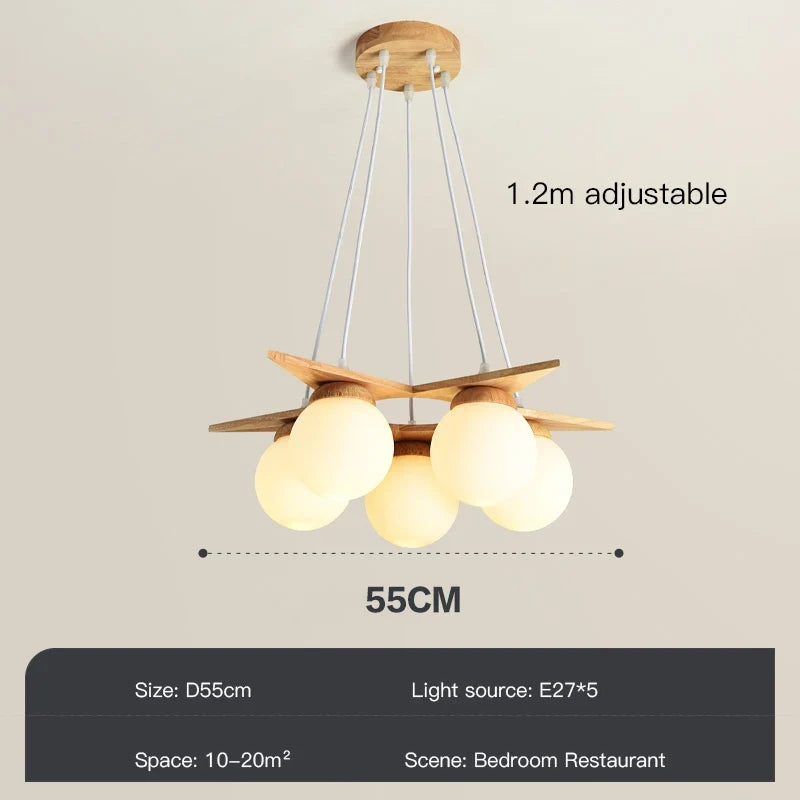 lustre en bois nordique avec boule en verre blanc