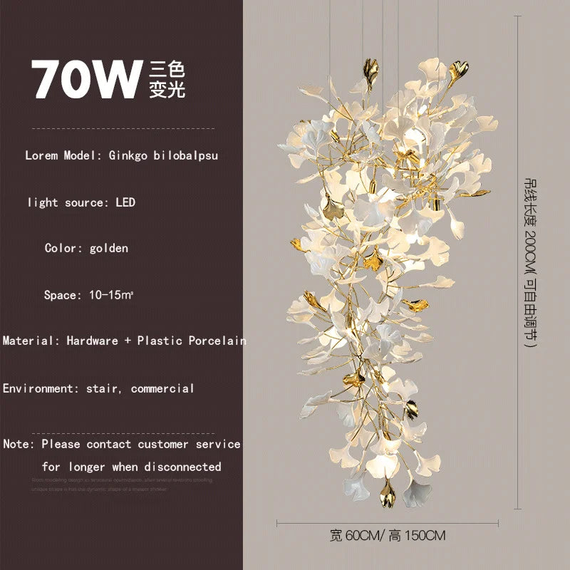 Ginkgo feuille cage d'escalier long lustre lumière atmosphérique villa de luxe duplex bâtiment loft hall d'hôtel lampes d'art créatives