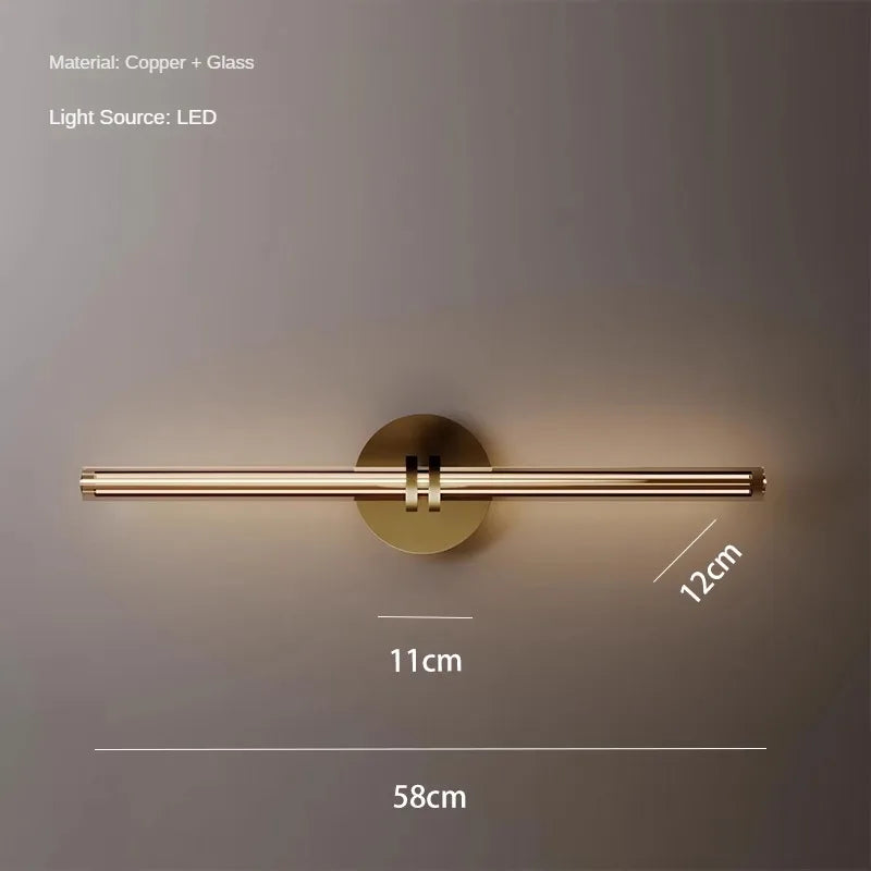 Simple All Copper Straight Glass Wall Lamp, Bathroom Mirror in Front of Light Luxury Living Room Balcony Bedroom LED Lighting