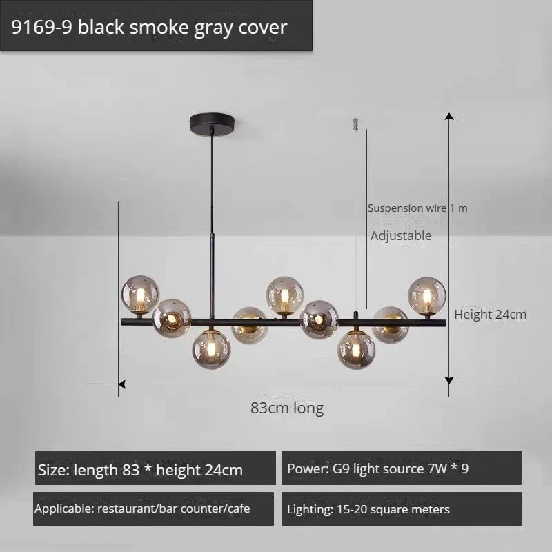 lustre long moderne en boule de verre abat-jour suspendu décoration led