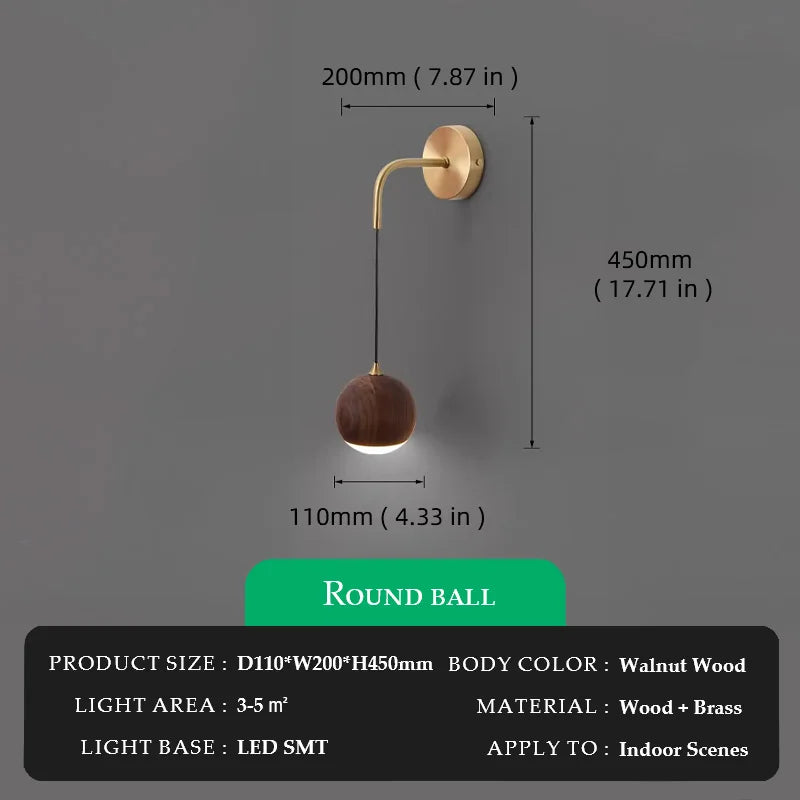 Walnut Wood Round ball Wall light, Wabi-sabi Modern style, Wall Sconces for Bedroom, Living, Corridor, Aisle balcony, Entrance