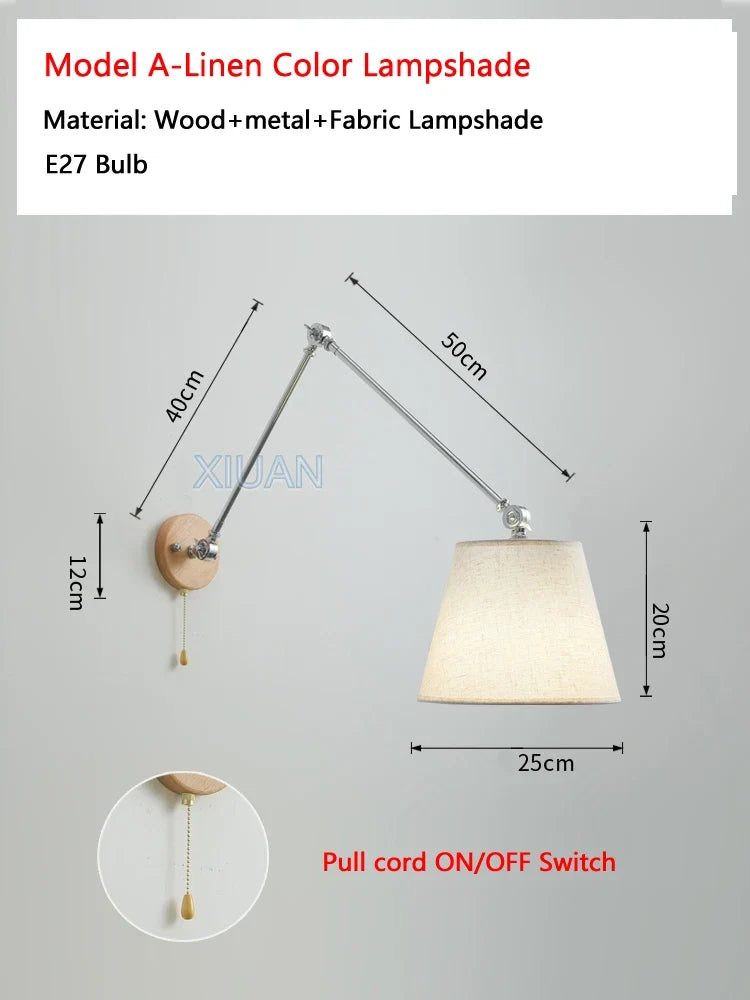 Nordic Shiftable Rocker Arm Wall Lamps Fabric Lampshade Dining Table Wall Light for Bedside Study Reading Lighting ON/OFF Switch