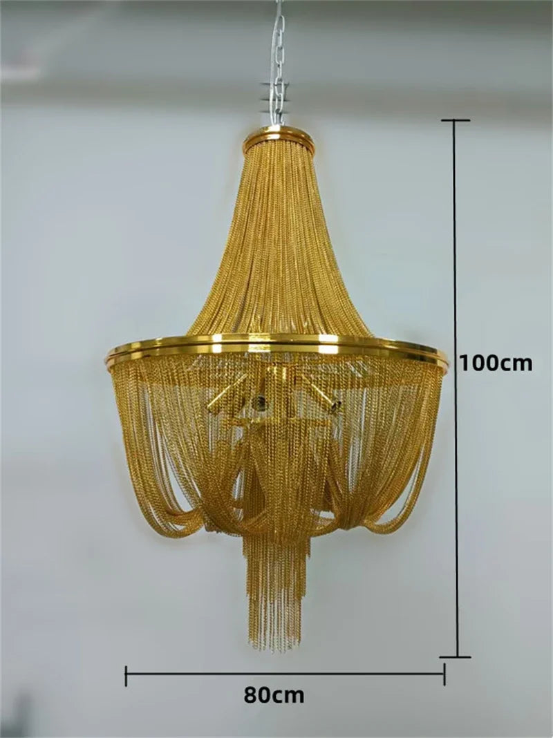 lustre moderne à pampilles en aluminium doré avec chaîne décorative