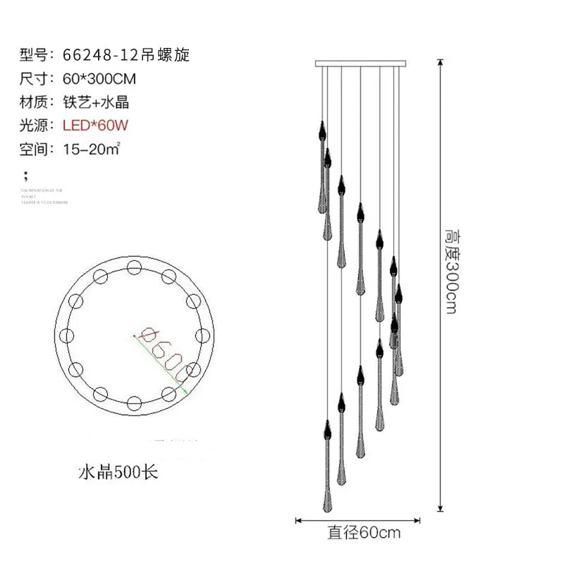 lustre led moderne en cristal pour grand escalier