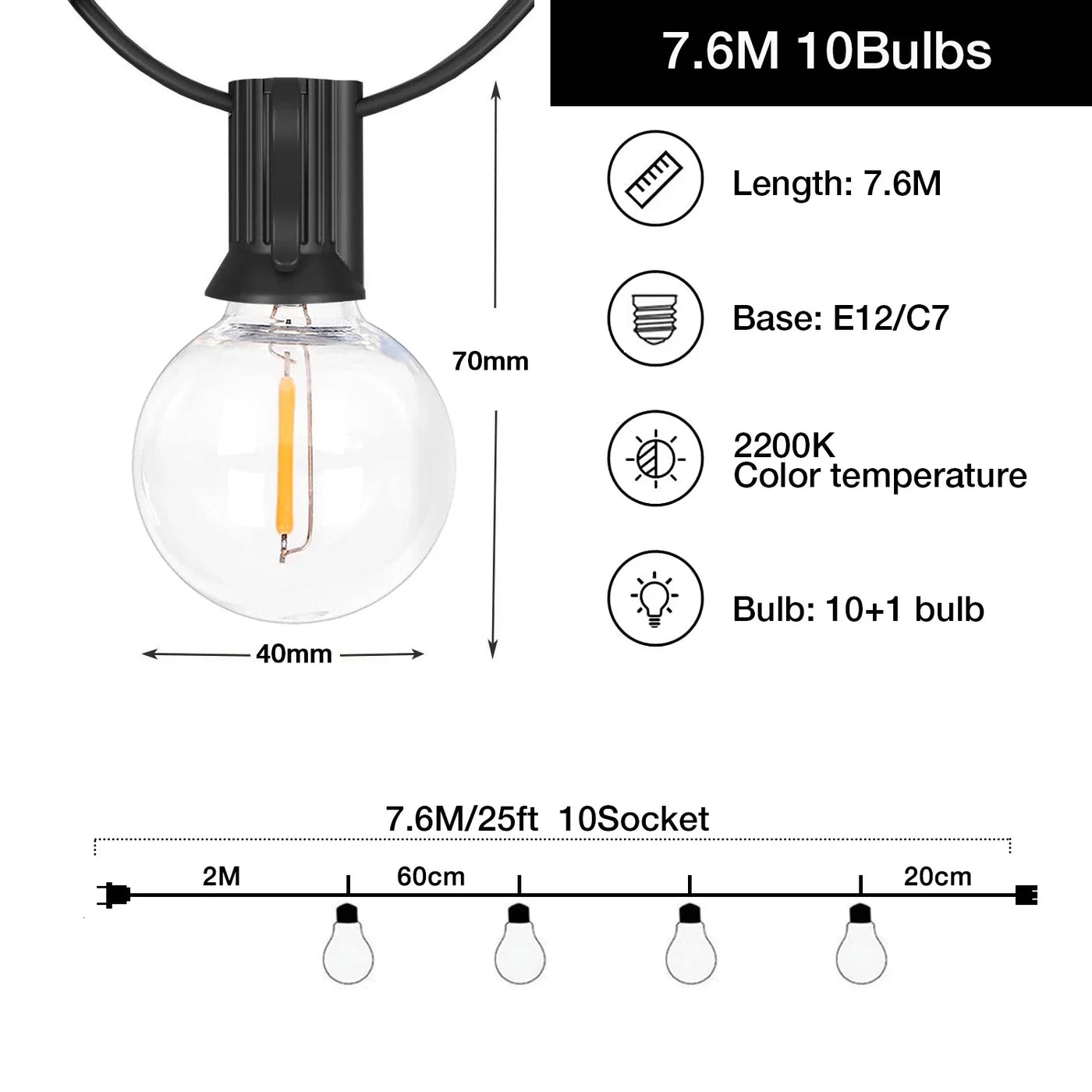 guirlande lumineuse extérieure à intensité variable pour jardin et Noël
