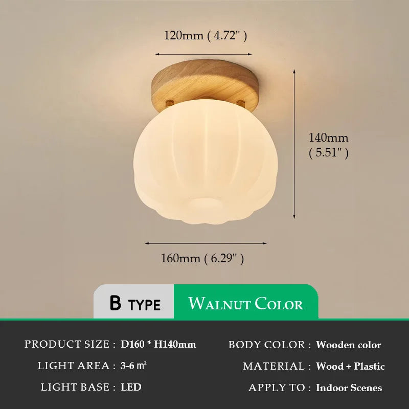 Walnut Wood Roll Molded Pumpkin, Wabi Sabi Modern, Flush Ceiling light fixture for Entrance Hall, Corridor, Balcony, Entrance