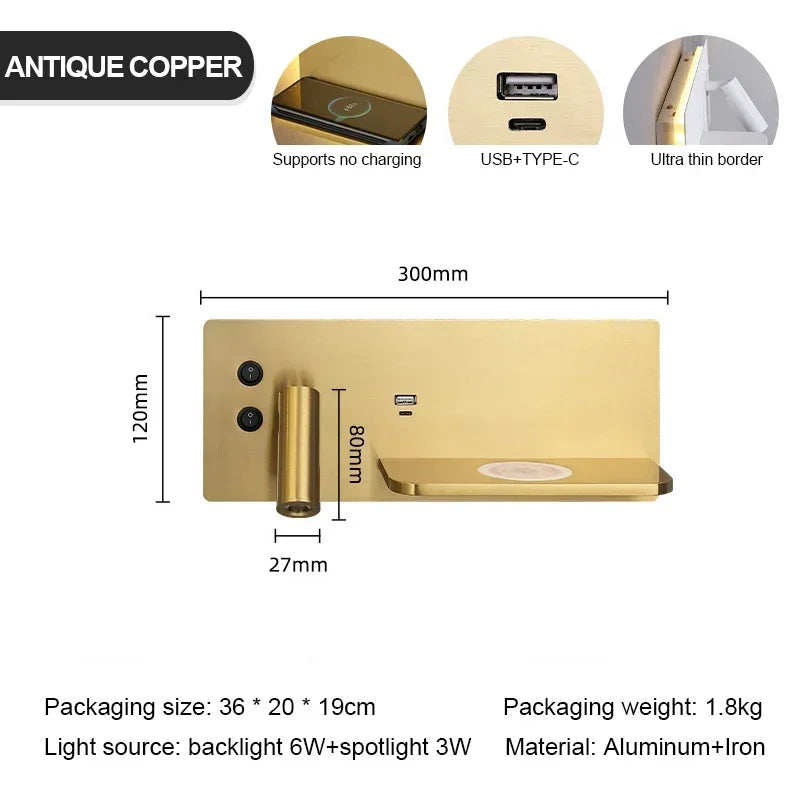 applique murale usb led sans fil luxe multi-fonction avec interrupteur