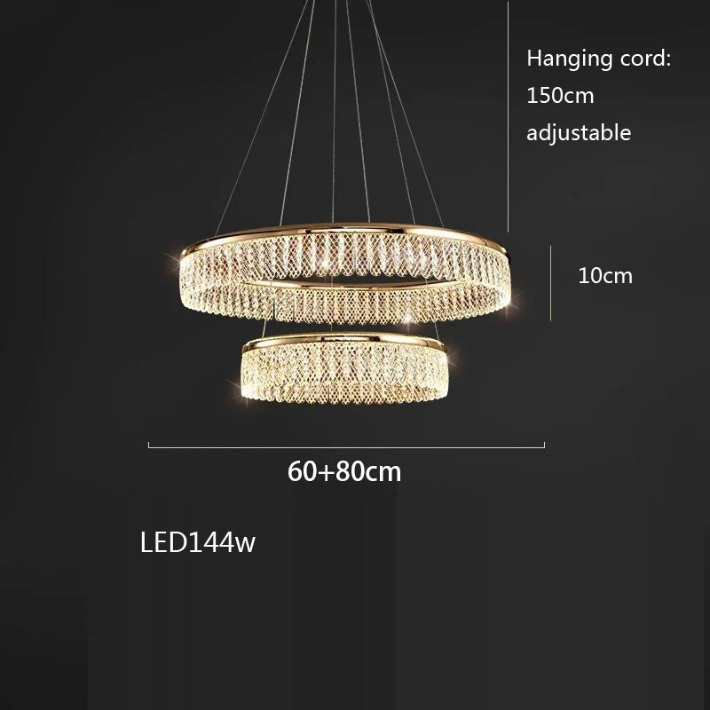 lustre led en cristal losange rond à plusieurs anneaux luxueux